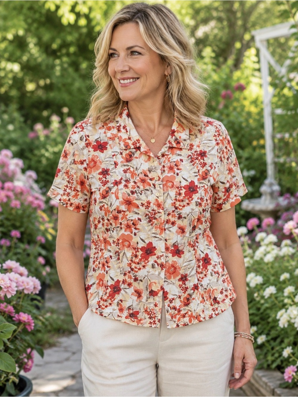 Christopher & Banks Floral Linen Blend Button Front Blouse Womens Short Sleeve M